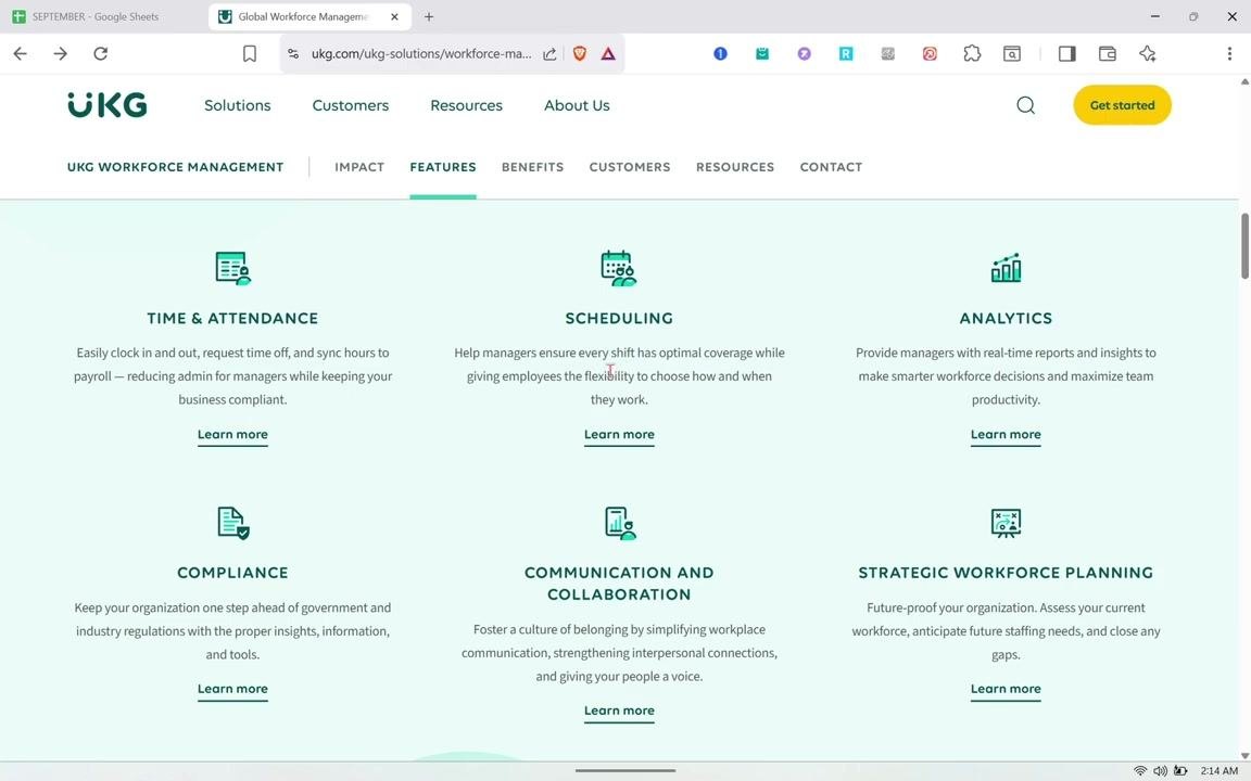 Scheduling feature card under UKG Workforce Management describing how managers can ensure optimal shift coverage while giving employees flexibility, with a "Learn more" link.