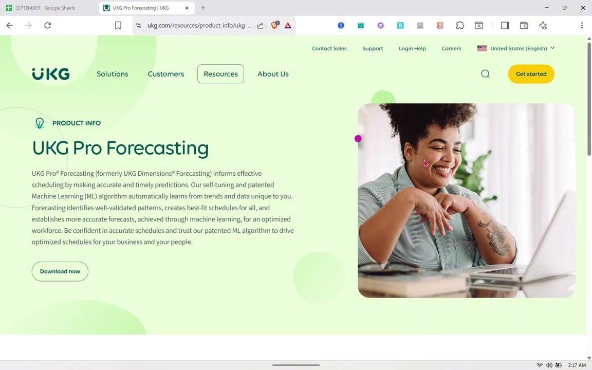 UKG Pro Forecasting product information page showing the description, navigation bar, download button, and a person smiling at a laptop.