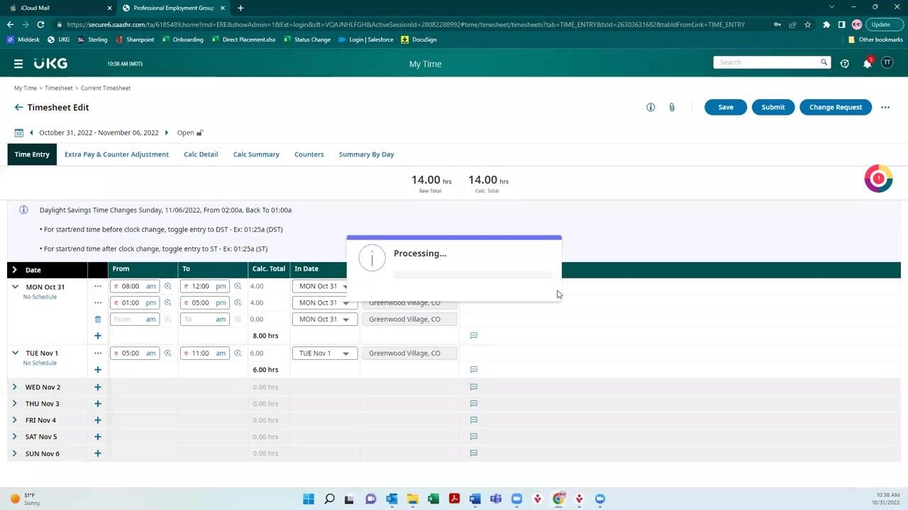 Timesheet screen showing the "Processing..." dialog after submission