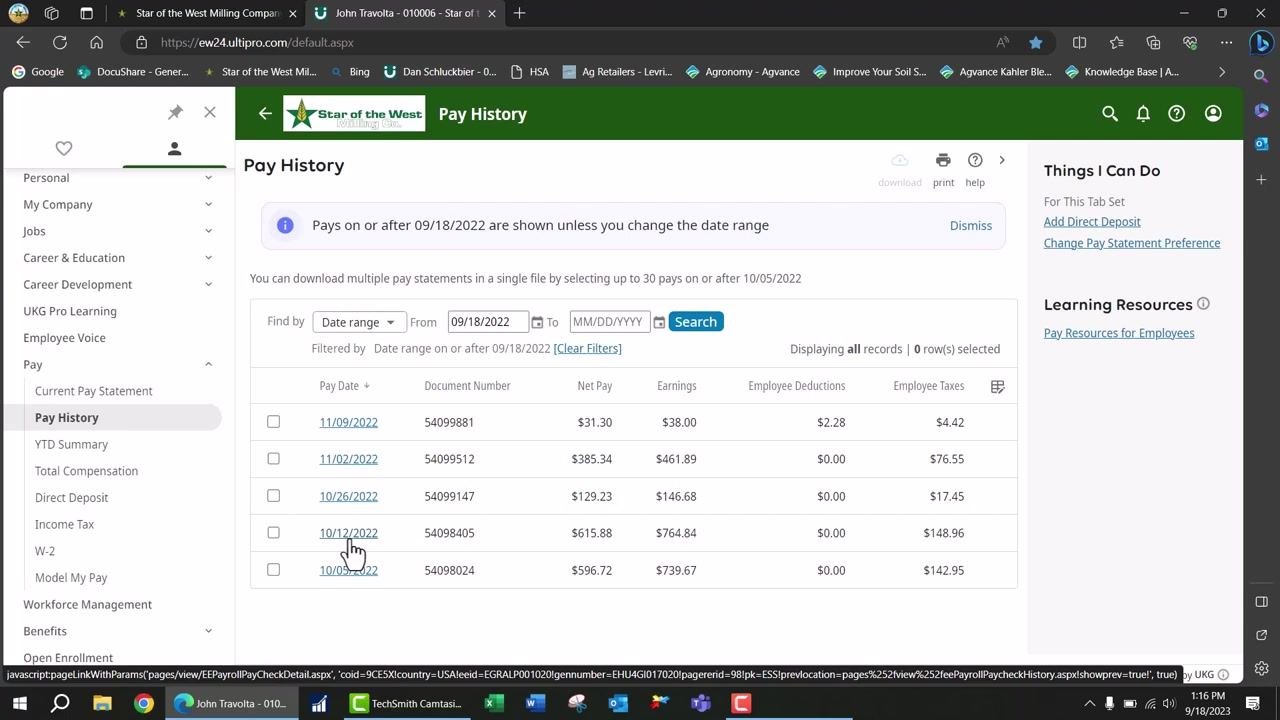 Cursor selecting 'Pay' in the left navigation pane, expanding the payroll options