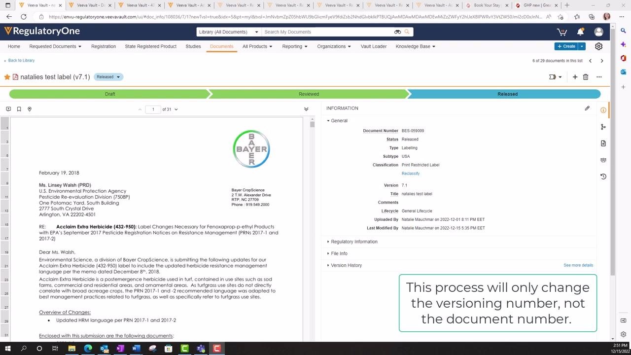 A note overlay on the Veeva Vault interface stating: "This process will only change the versioning number, not the document number."