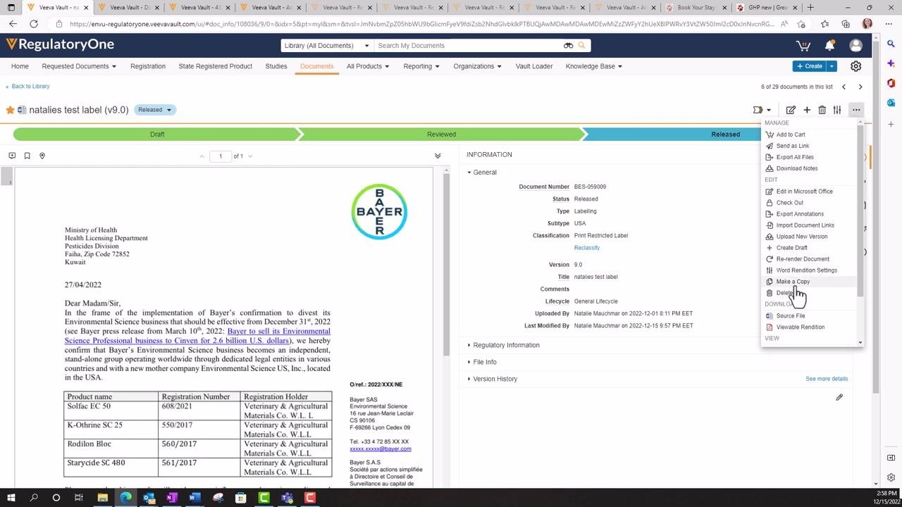 Veeva Vault interface showing the action menu open with "Make a Copy" highlighted, and the document details panel visible. The pointer hovers over "Make a Copy" to distinguish it from "Create Draft".