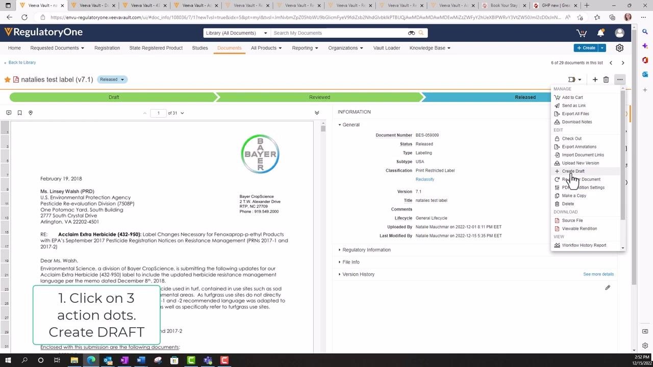 Dropdown action menu open in Veeva Vault, showing options such as Add to Cart, Send as Link, Upload New Version, Create Draft, and others. The cursor hovers over "Create Draft".