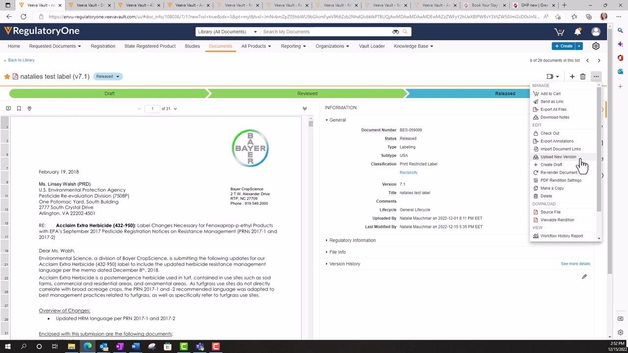 Dropdown action menu in Veeva Vault with "Create Draft" highlighted and the cursor pointing at it.