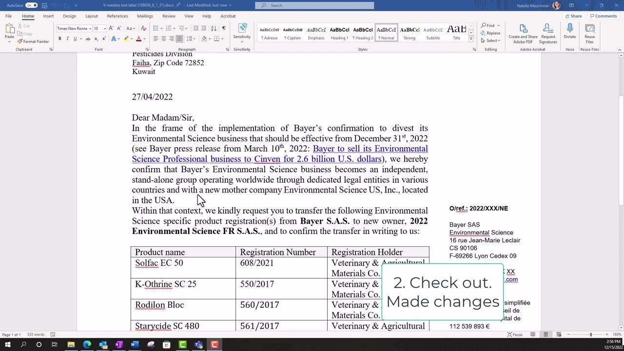 Veeva Vault interface showing the new draft version (v8.1) being generated, with the file "Notification Letter VAMCO.docx" and status "Draft".