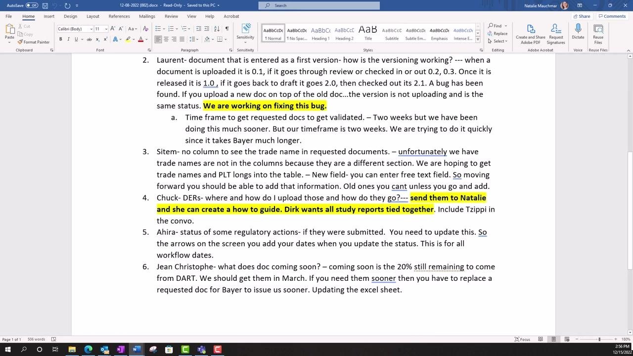 Microsoft Word open with the document checked out, showing text being edited and a callout: "2. Check out. Made changes".