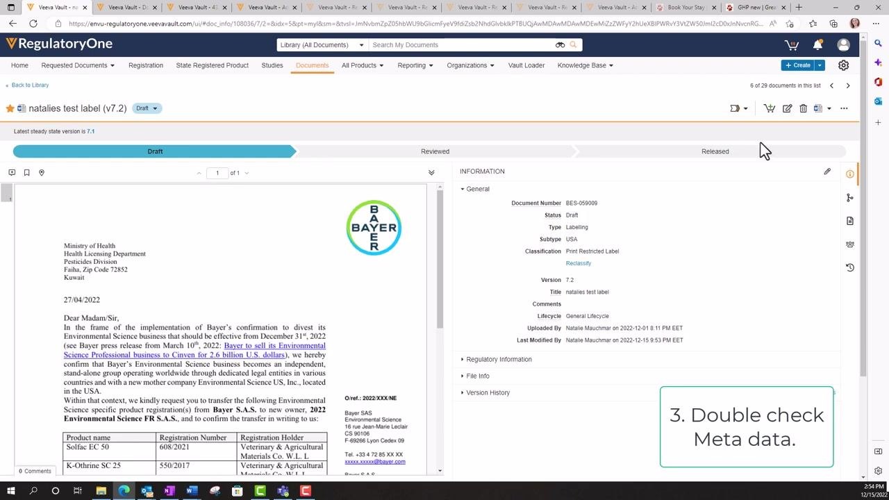 Veeva Vault interface with the draft document open and a callout box stating "3. Double check Meta data." The INFORMATION panel is visible.