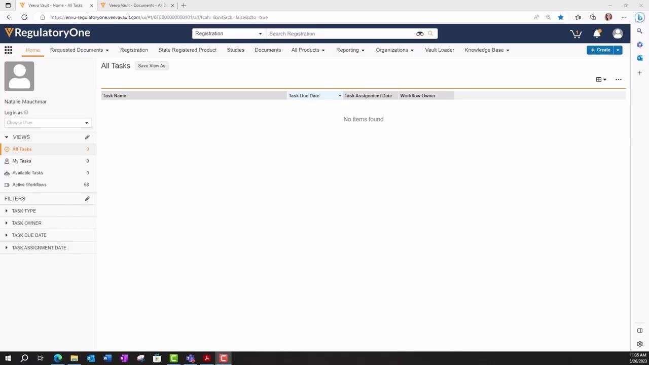 Veeva Vault home screen with the navigation bar and Documents tab visible