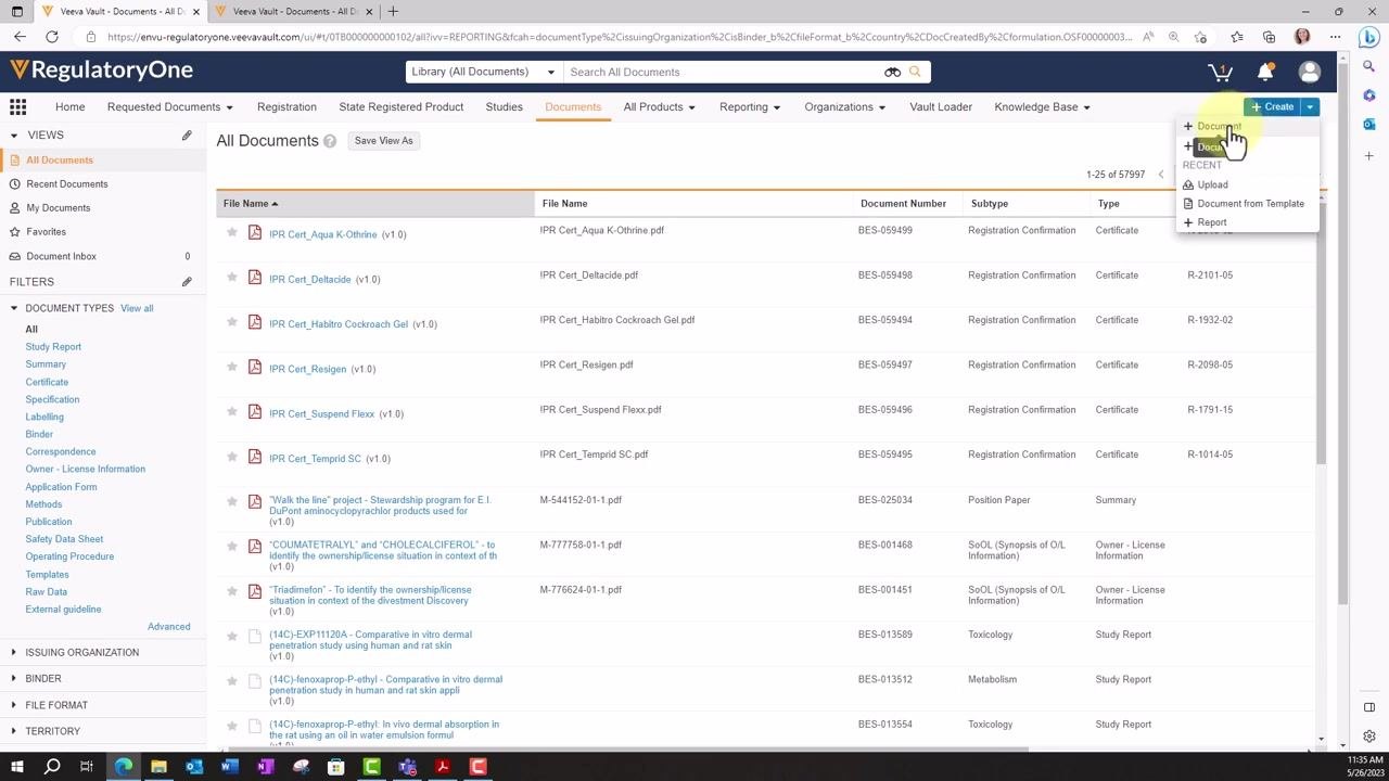 All Documents view with the Create button and dropdown menu visible