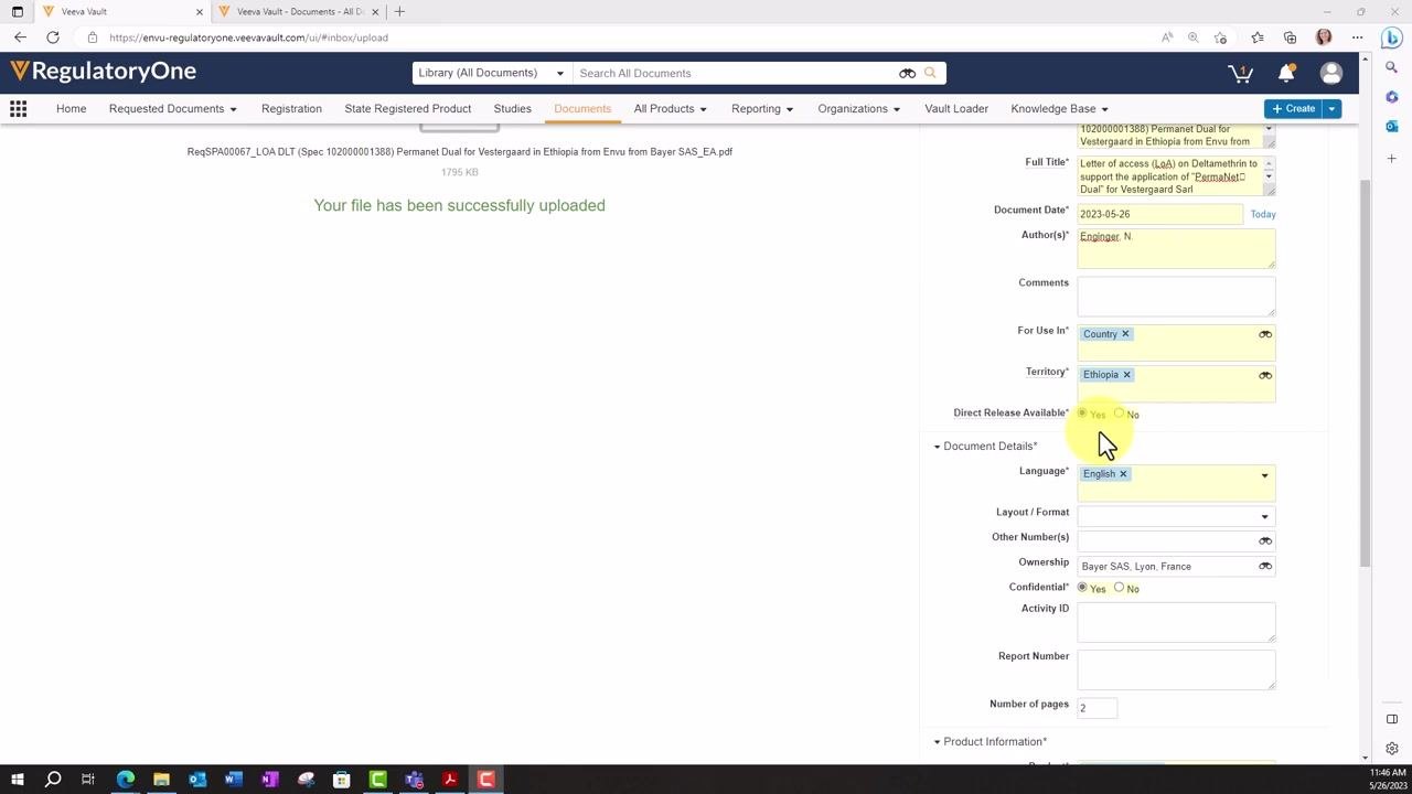 Metadata entry screen with all required and relevant fields completed, including product and specification numbers