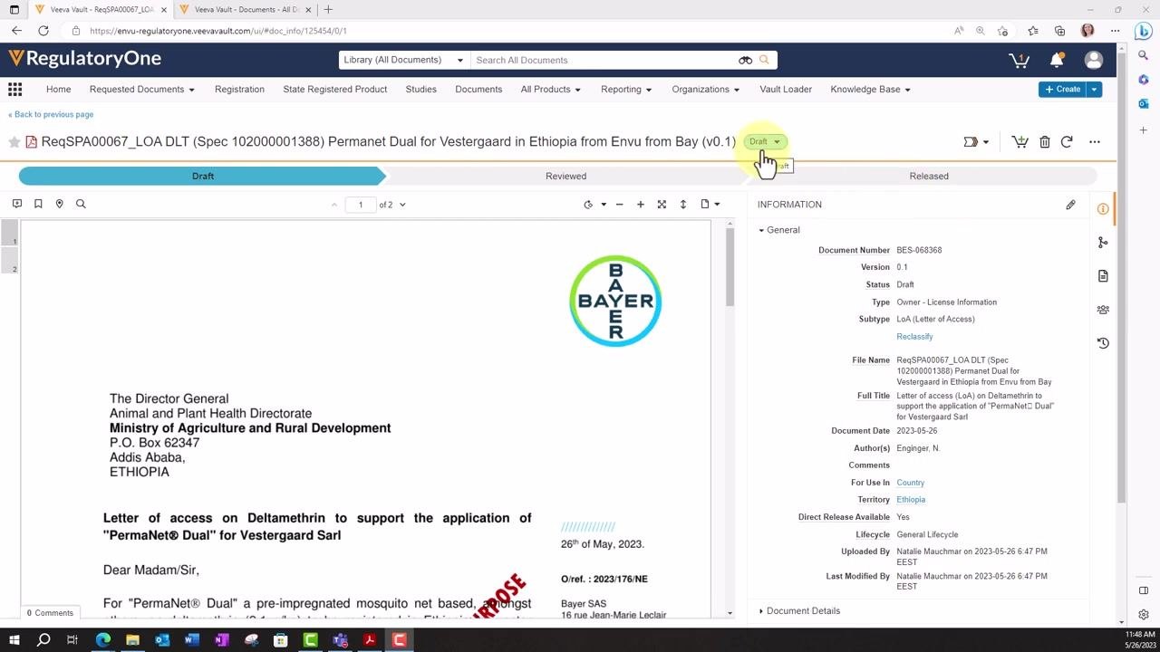 Document information summary and preview in draft state, with metadata visible in the right panel