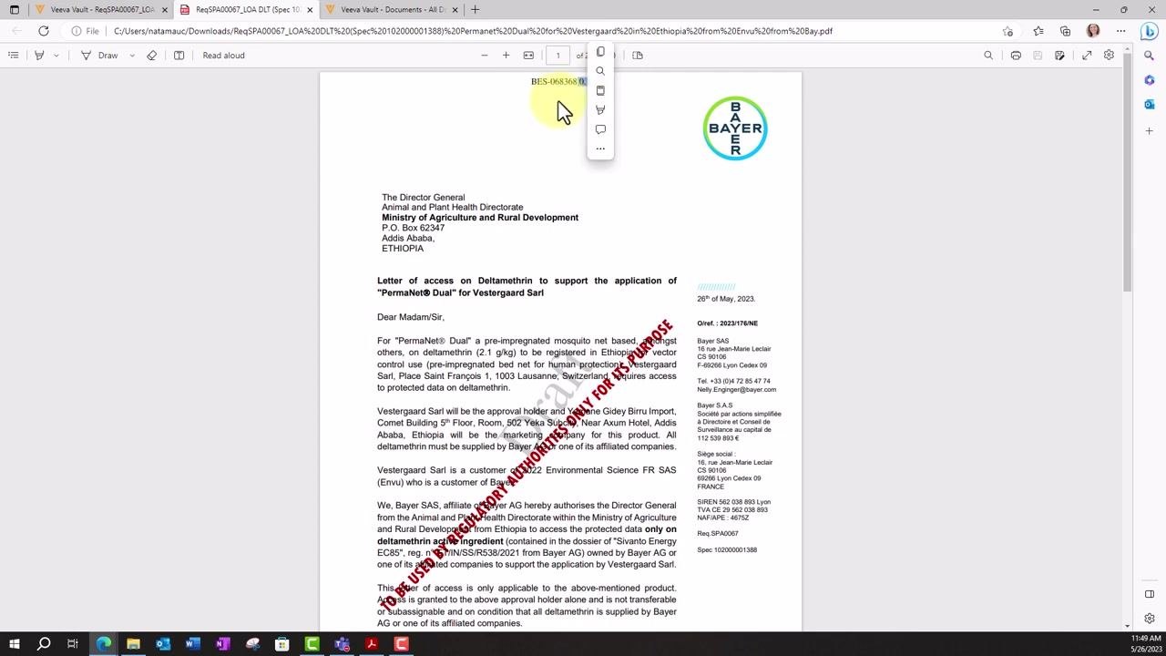 Viewable rendition of the document open, showing the document number and version automatically added at the top
