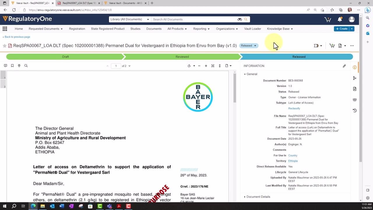 Document screen showing "Released" status, version 1.0, and all metadata fields in the information panel, with a green "Released" bar at the top