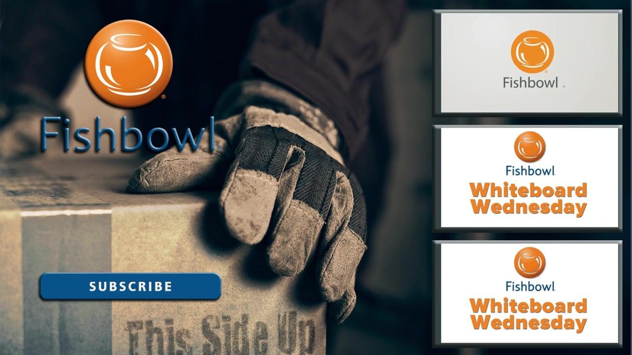 Fishbowl logo, gloved hand on a box labeled "This Side Up", and "Subscribe" button. Right side shows three panels with Fishbowl logo and "Whiteboard Wednesday" branding.