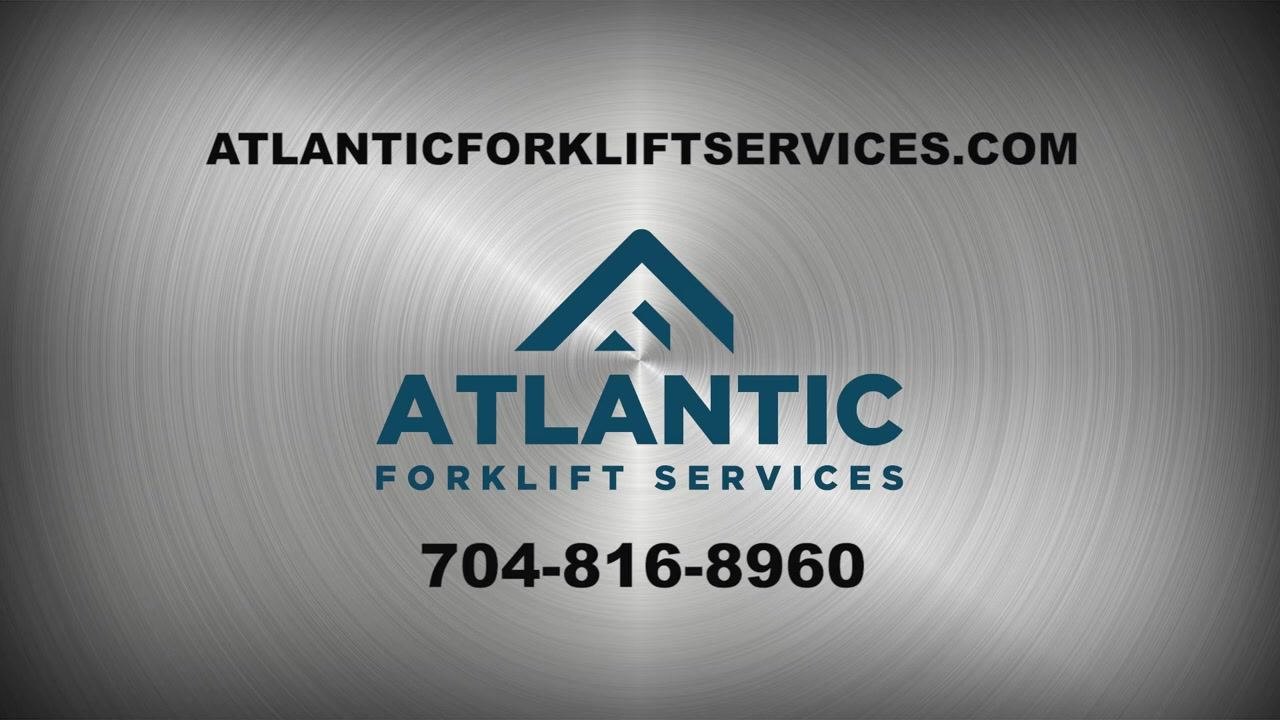 Atlantic Forklift Services contact information displayed on a metallic background: website, logo, and phone number.