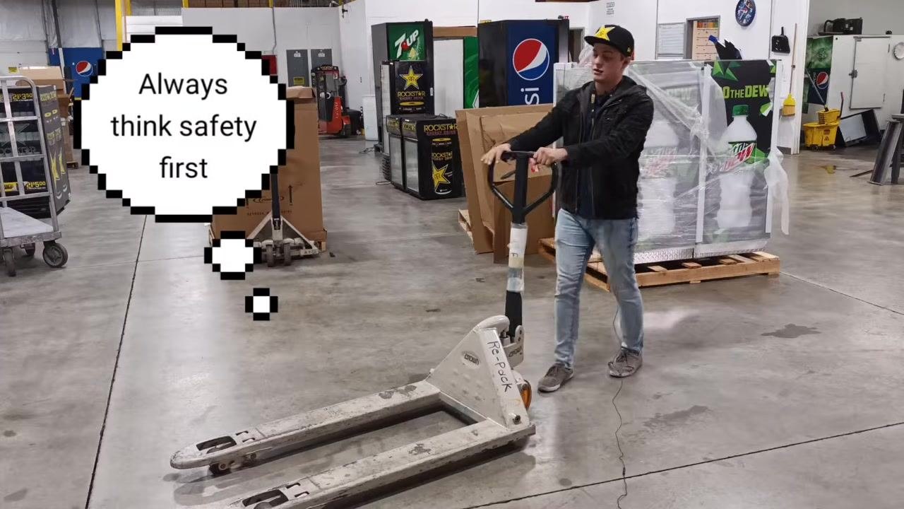 A person demonstrates lowering the pallet with the pallet jack. A thought bubble reads "Always think safety first." The warehouse environment is visible.