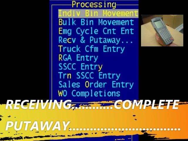RF scanner Bin Product On-Hand screen showing product number, bin, quantities, and UPC