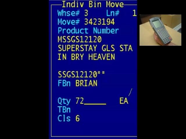RF scanner Indiv Bin Move screen showing FBN set to BRIAN, quantity 72, and product details