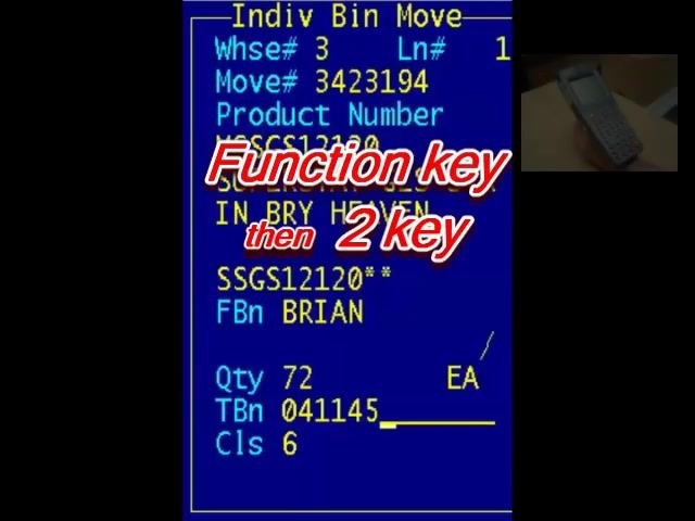 Handheld scanner screen showing product and bin details for the destination location