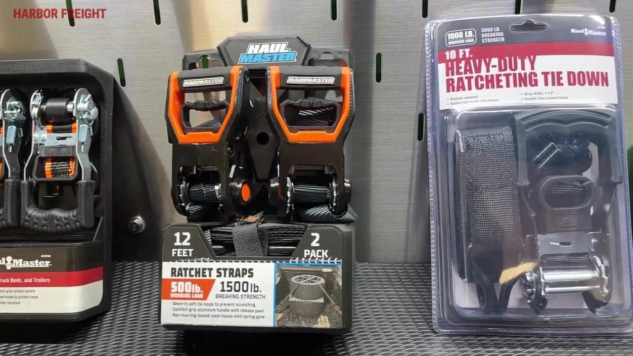 Three views of a ratchet strap in use: hands operating the ratchet, a retail display of ratchet tie downs rated at 500 lb. working load and 1,500 lb. breaking strength, and a hand holding a ratchet strap hook.