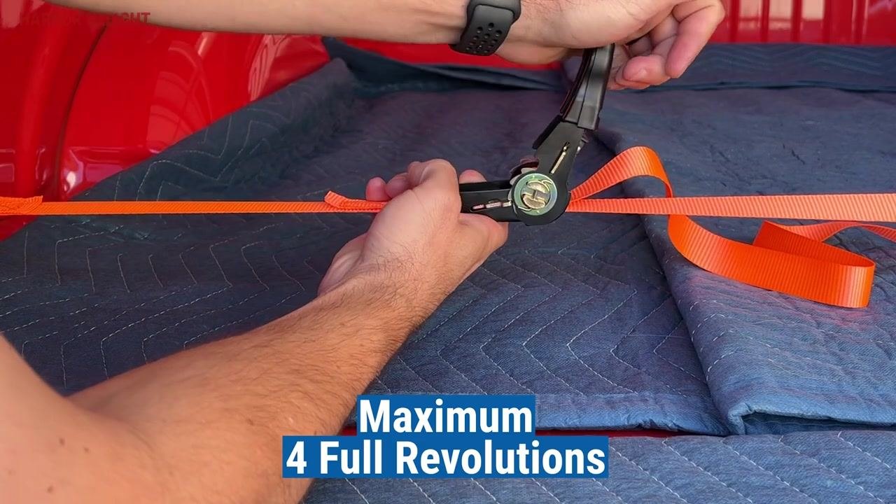 A close-up of the ratchet mechanism with the handle being operated, labeled "Maximum 4 Full Revolutions."