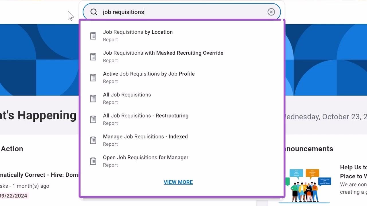Workday homepage with the global search bar highlighted at the top, showing widgets such as "Here's What's Happening," "Awaiting Your Action," "Announcements," and "Important Dates"