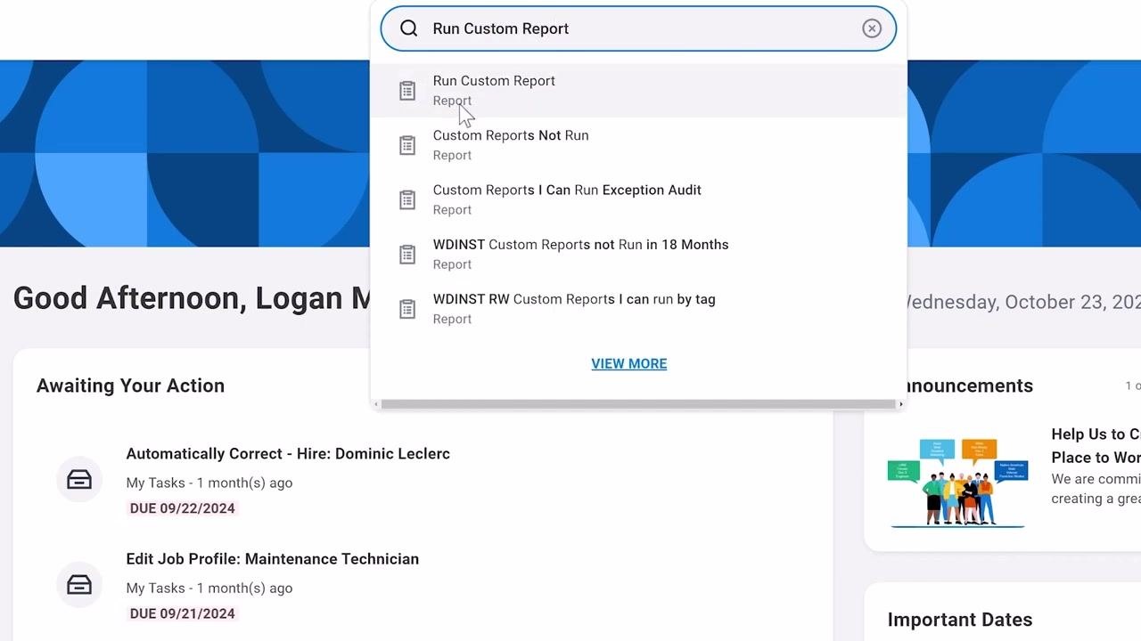 Search bar with "job requisitions" entered, showing a dropdown list of matching reports, each labeled "Report" underneath the title