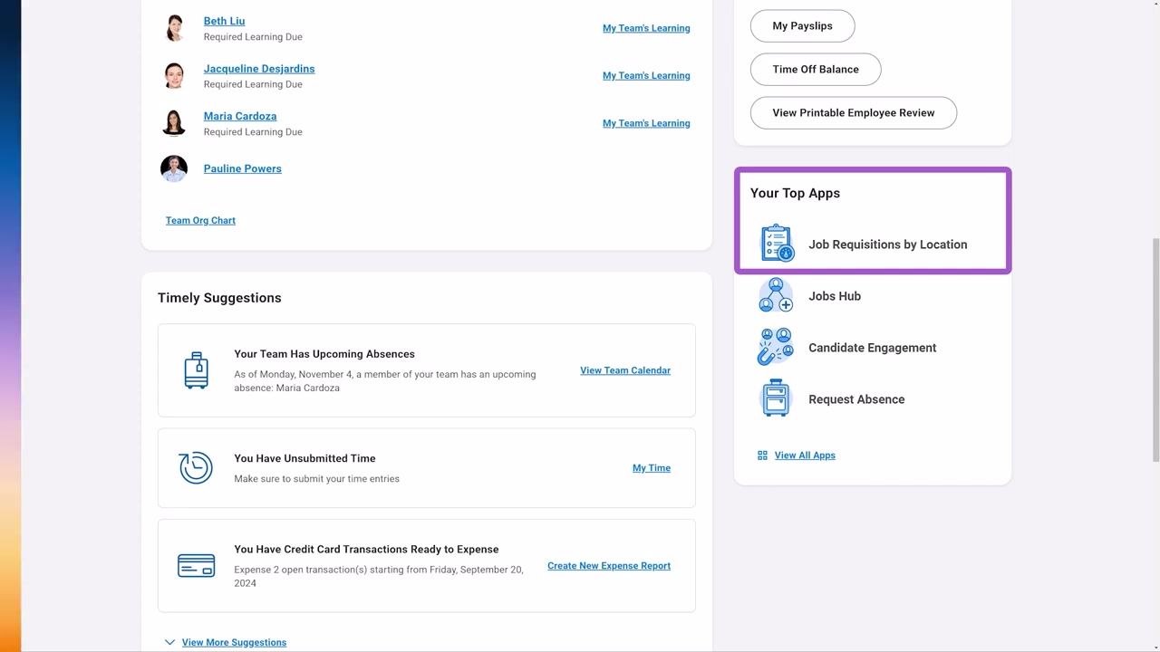 Menu panel open on the left, showing a list of apps with icons, "Add Apps" and "Edit" buttons highlighted at the bottom, and the main Workday homepage visible in the background