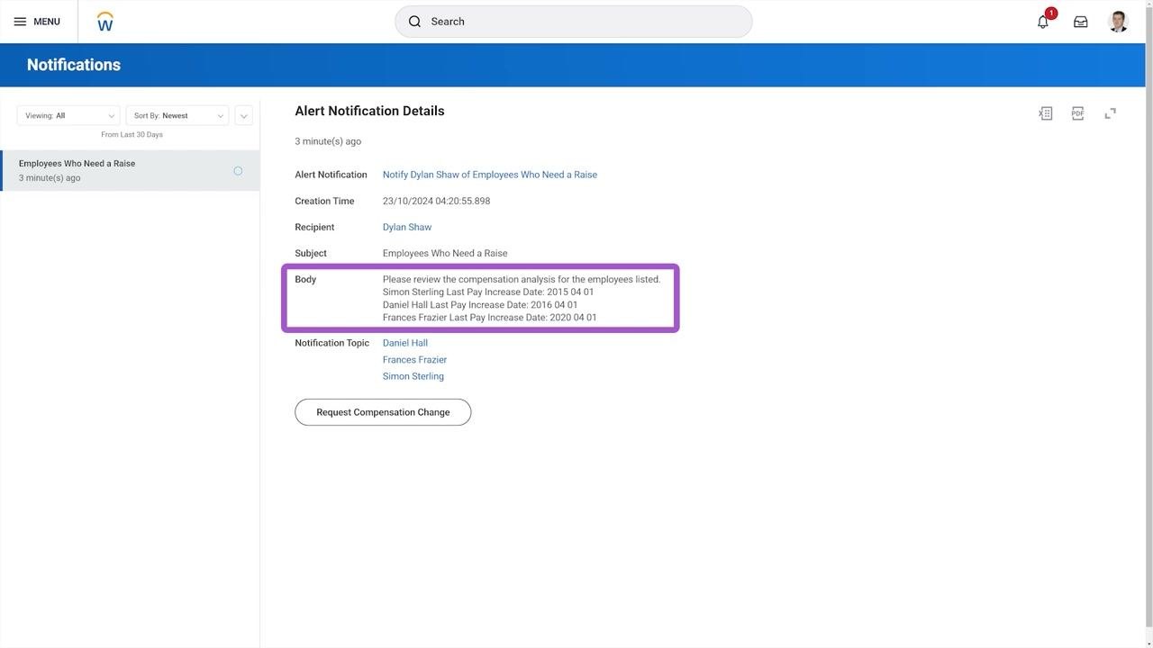 Alert Notification Details screen showing the alert body with employee names and last pay increase dates, and a "Request Compensation Change" button