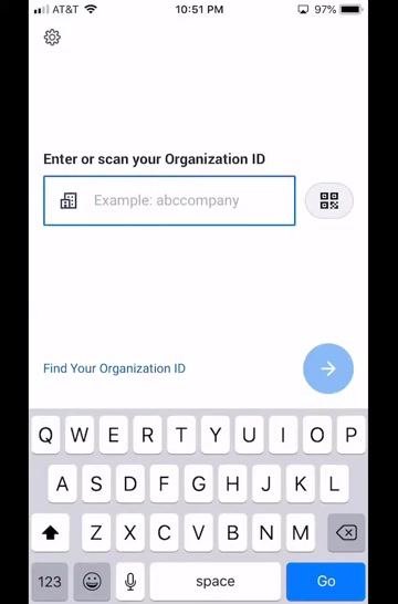 Workday app screen requesting the Organization ID, with the keyboard open and the Go button highlighted.