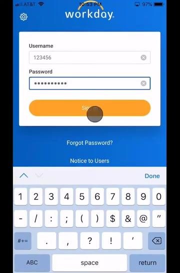 Workday login screen with the username and password fields completed and the Sign In button highlighted.