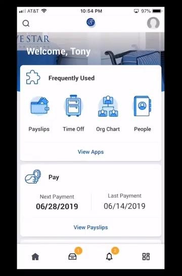 Workday mobile app home screen showing welcome message, frequently used features (Payslips, Time Off, Org Chart, People), pay information, and navigation icons.