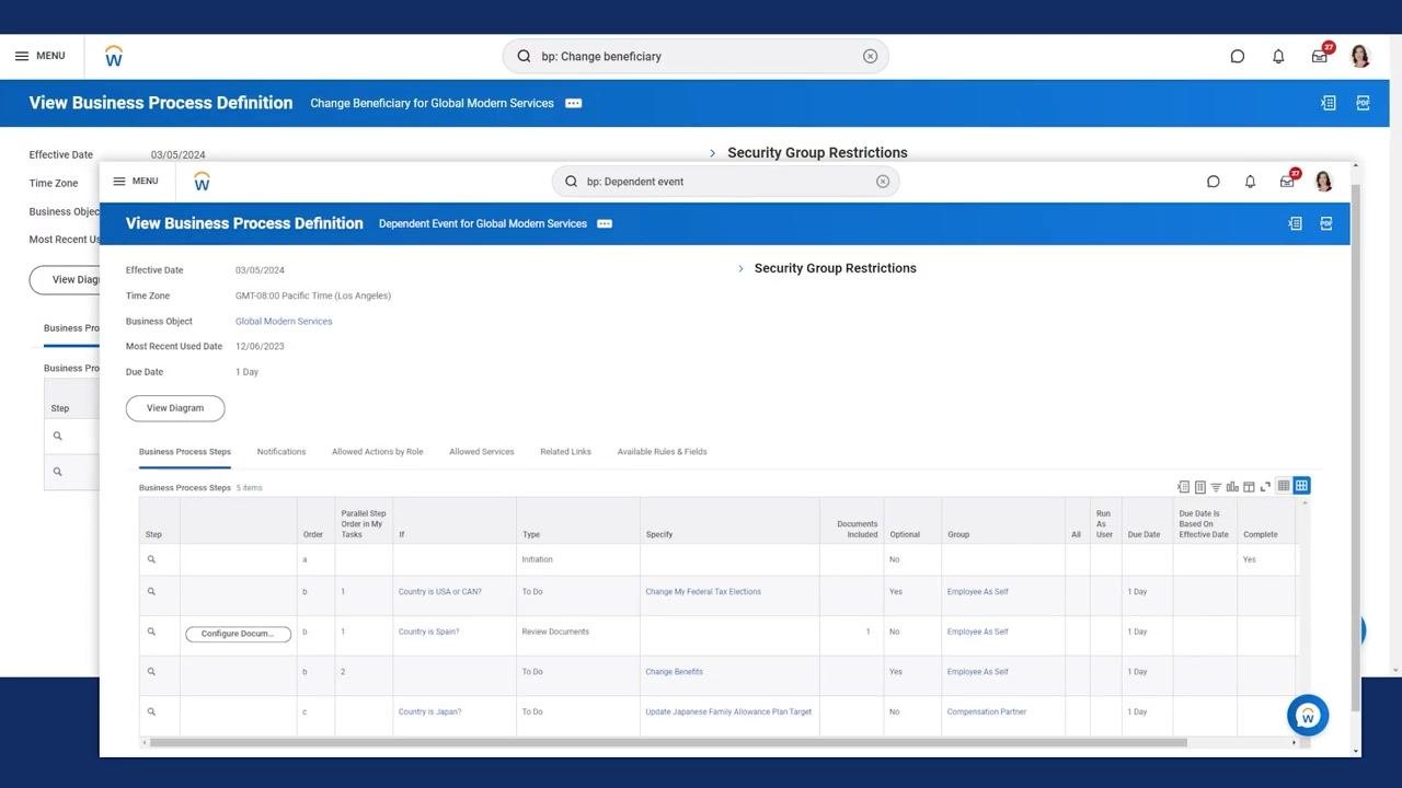 Workday screen showing the business process definitions for Change Beneficiary and Dependent Event