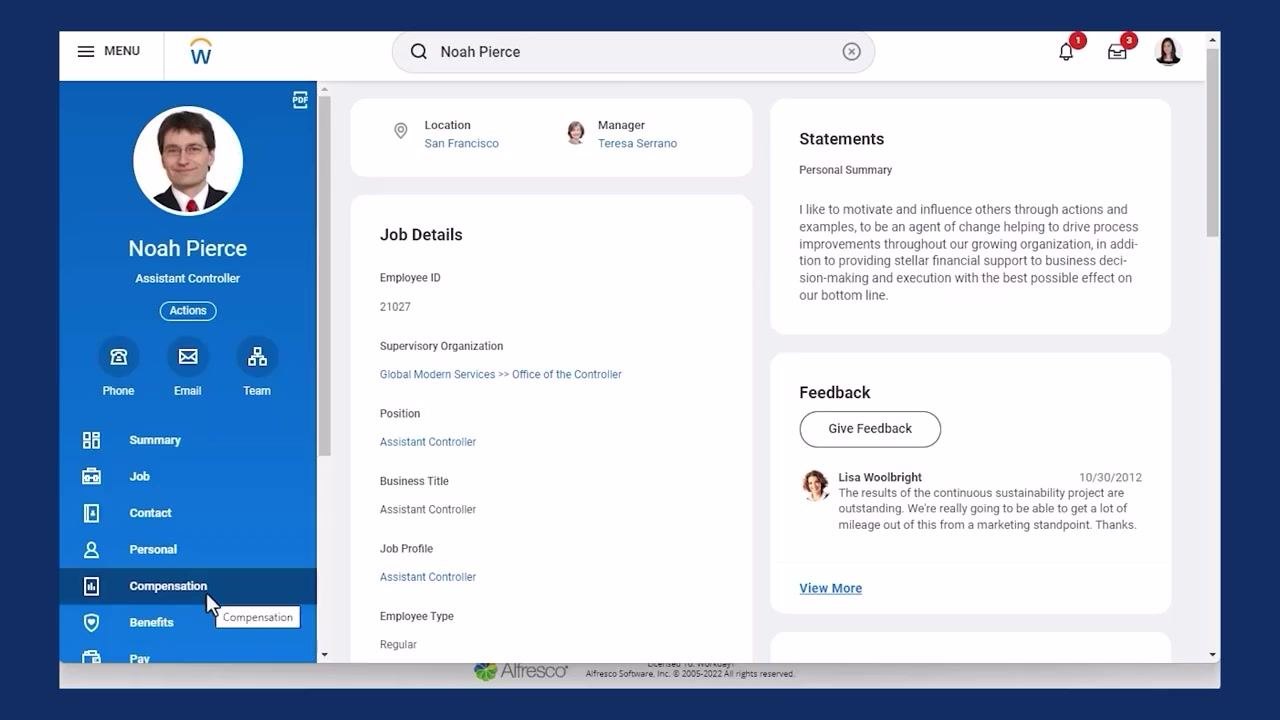 Employee profile with the left navigation panel highlighting the Compensation section, about to select Benefits