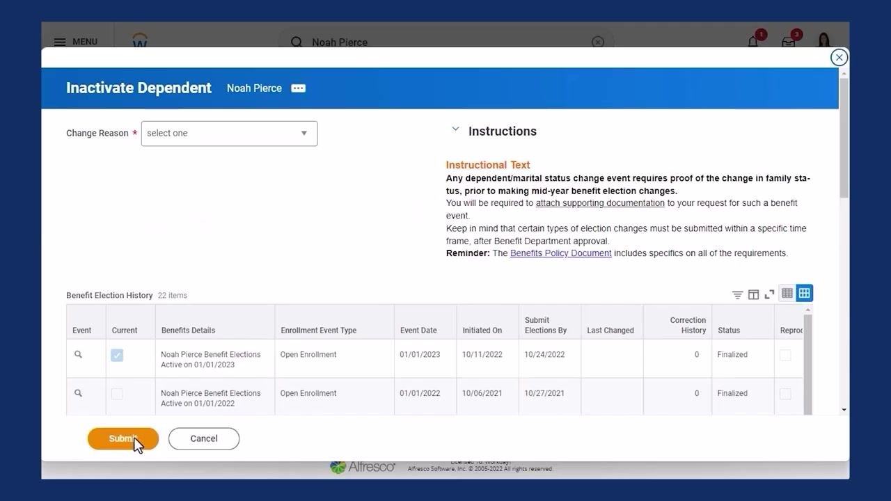Benefits summary with dependents listed for each plan, including Benefit Plan, Coverage, Deduction Begin Date, Calculated Coverage, and Dependents columns