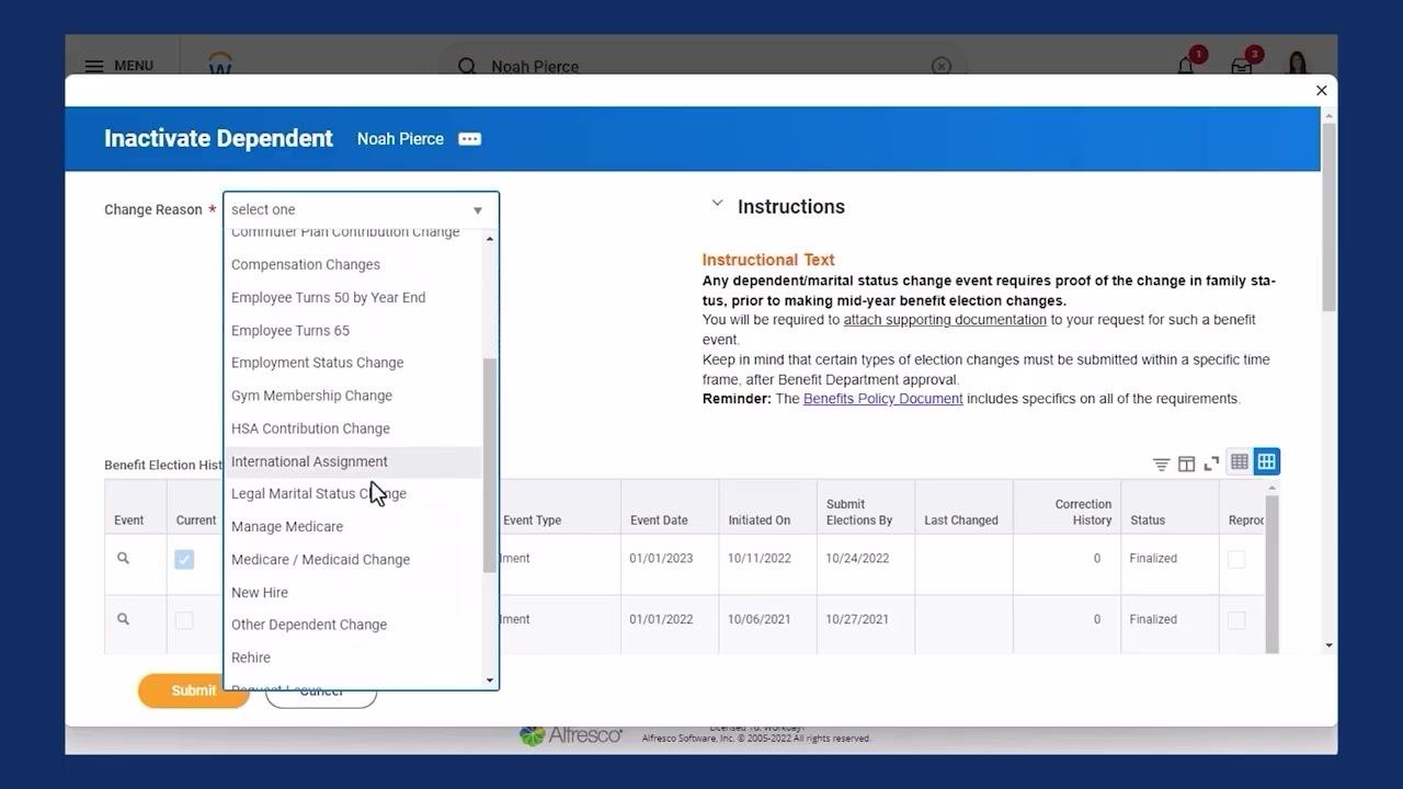 Inactivate Dependent screen with Change Reason dropdown, instructional text, and benefit election history