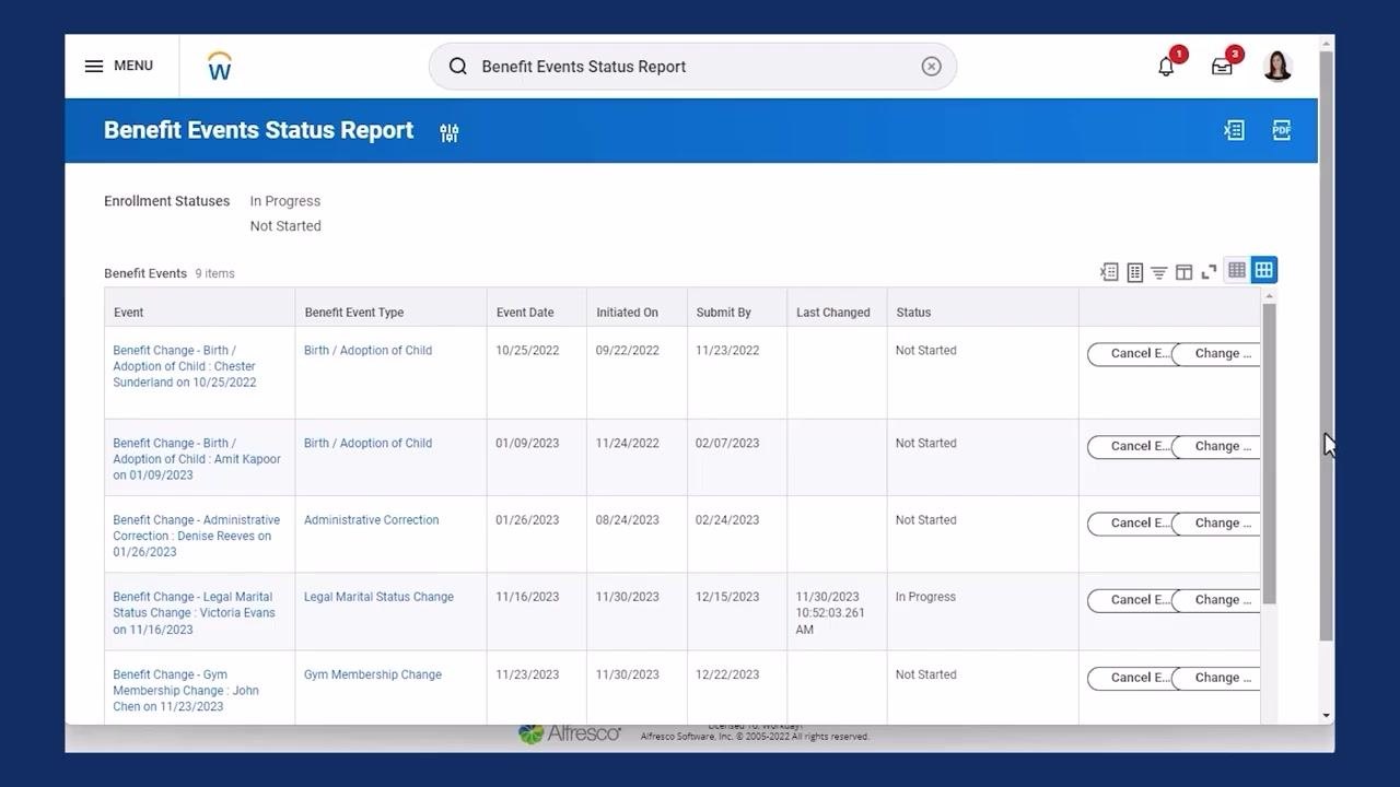 Benefit Events Status Report with the relevant event visible, ready to start changes