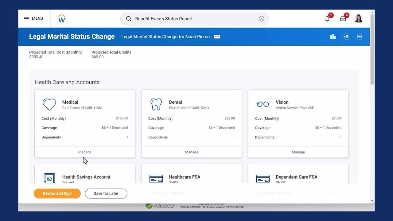 Legal Marital Status Change page showing benefit cards for Medical, Dental, Vision, and others, with Manage buttons