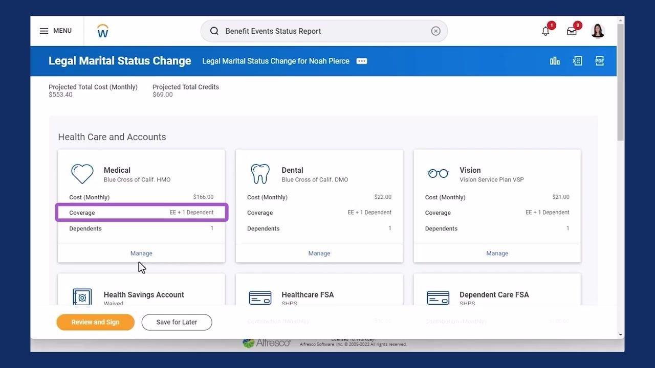 Medical benefit card highlighted with coverage EE + 1 Dependent and Manage button selected