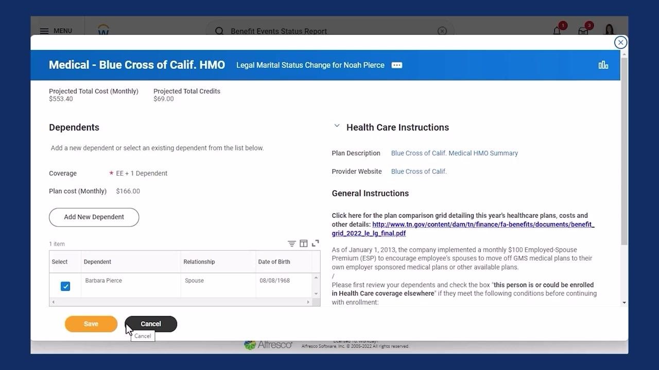 Medical plan dependents list showing the spouse and child dependents with coverage and plan cost details