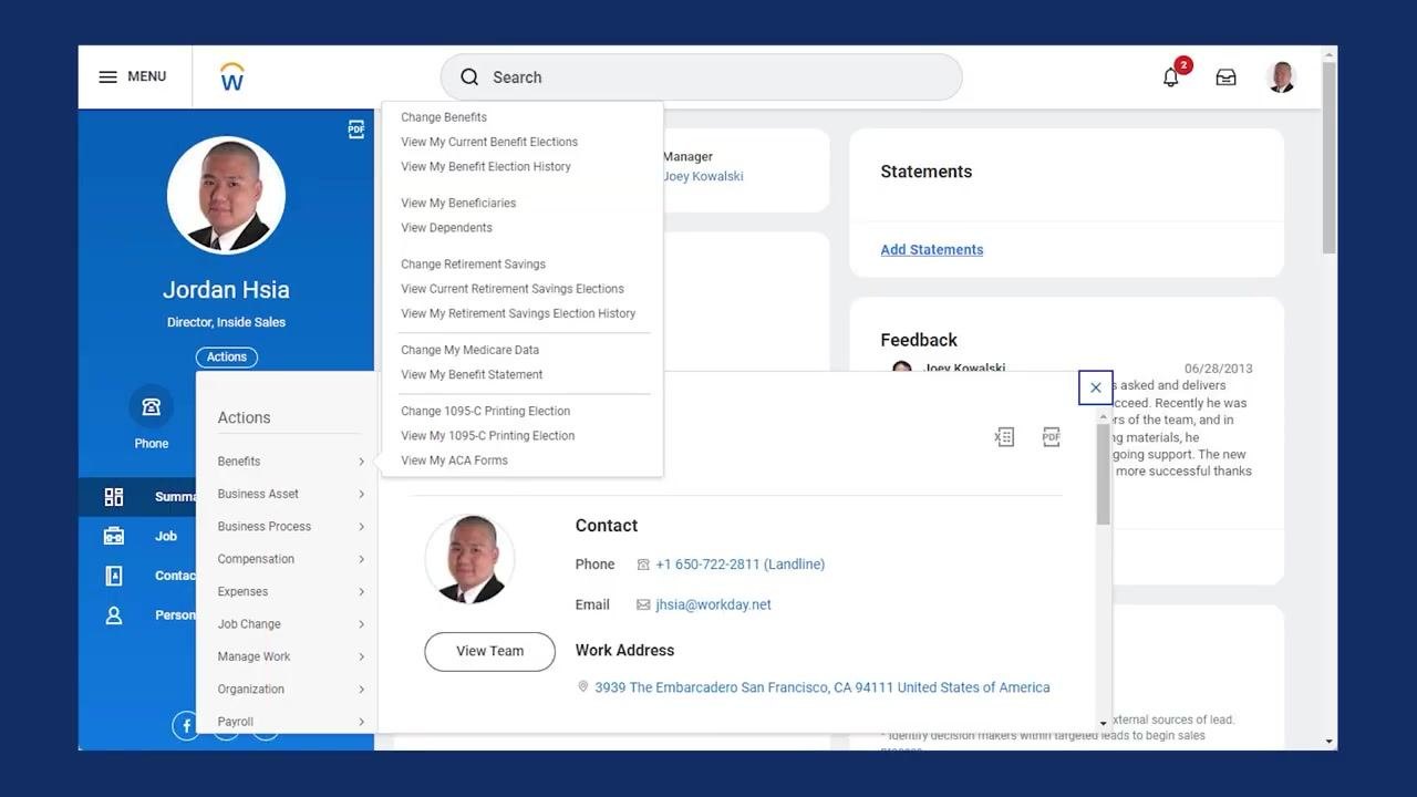Worker profile page in Workday with View My Beneficiaries and View Dependents highlighted in the Actions menu