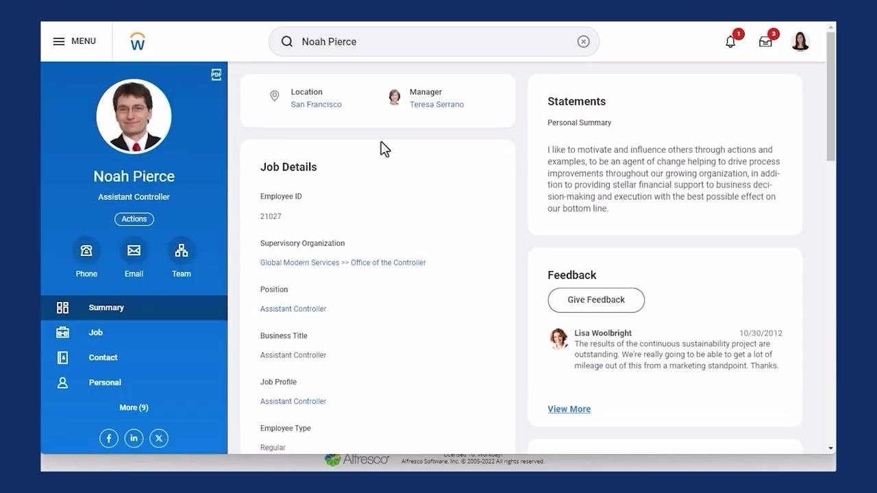 Employee profile with navigation panel, job details, and summary information visible
