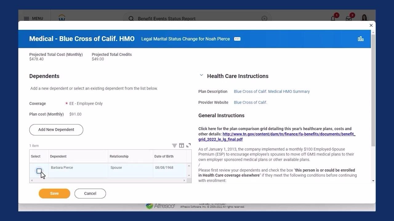 Benefit summary cards for Medical, Dental, and Vision showing updated coverage and costs