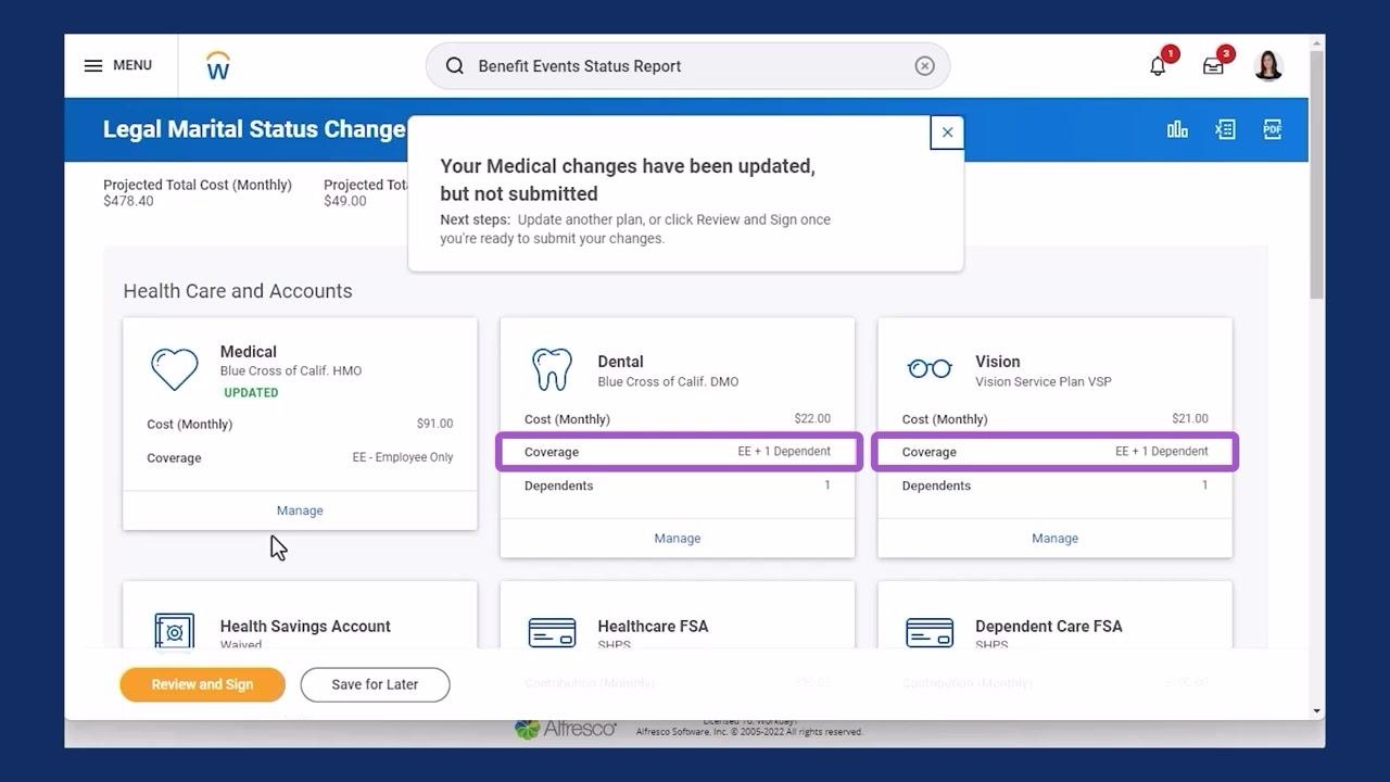 Employee profile with Benefits section selected, ready to access the Dependents tab