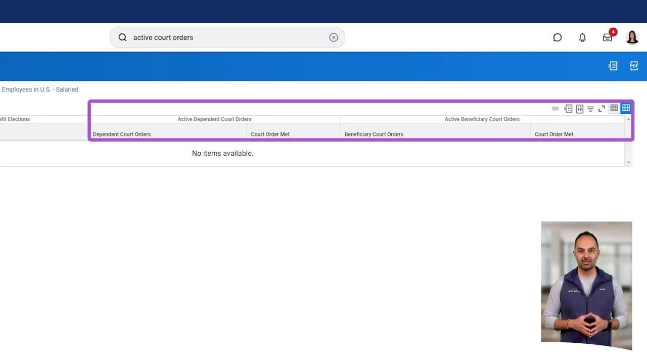 Active Court Orders report in Workday showing filter options and columns for tracking court orders