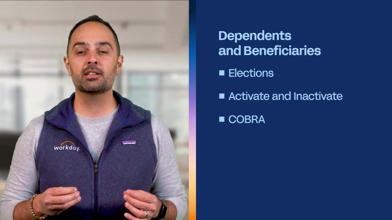 Presenter with overlay text: "Dependents and Beneficiaries", "Elections", "Activate and Inactivate", "COBRA"
