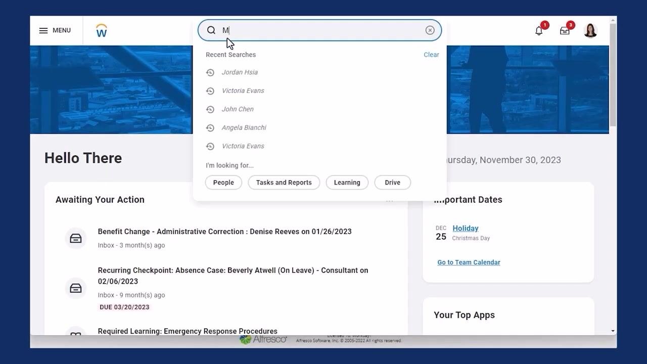 Workday home page with search bar open and recent searches listed