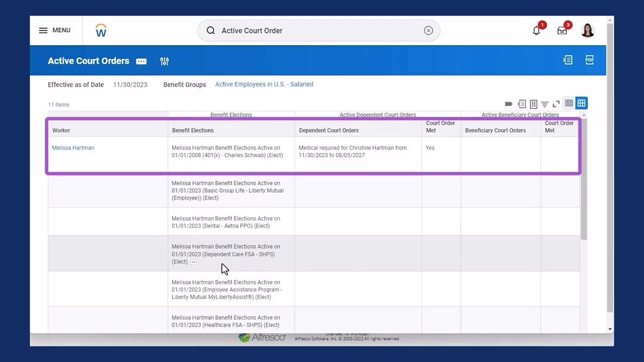 Dependents page showing confirmation of submission and the list of dependents with benefit elections