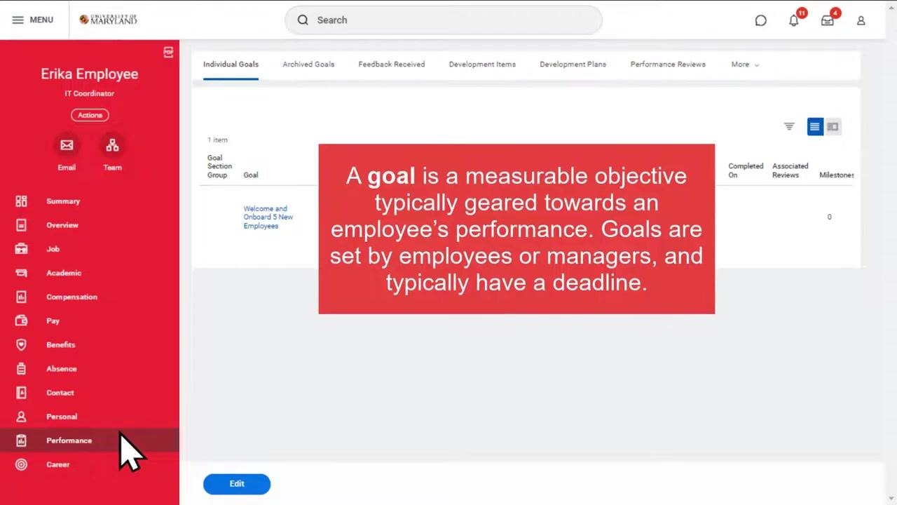 Workday profile screen showing Erika Employee's Individual Goals tab with the goal "Welcome and Onboard 5 New Employees," including its description, status, and due date.