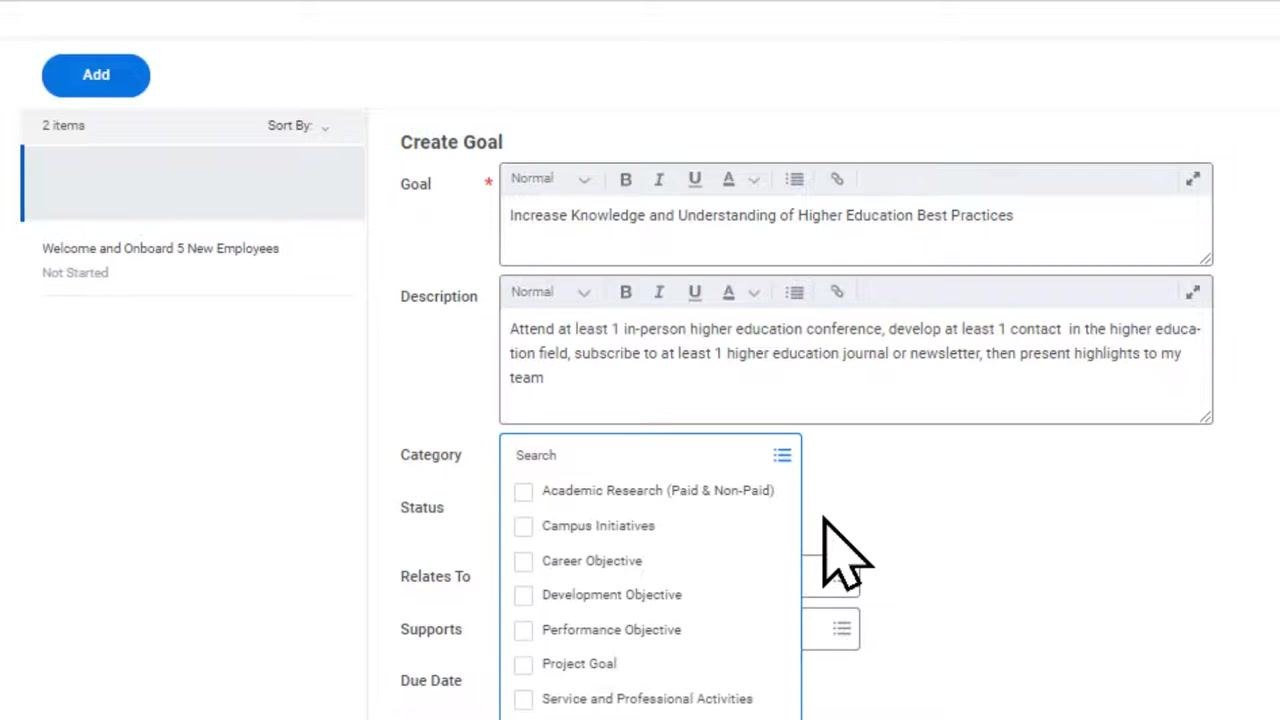 Create Goal form in Workday with the goal and description fields filled, and the category dropdown expanded to show available options.